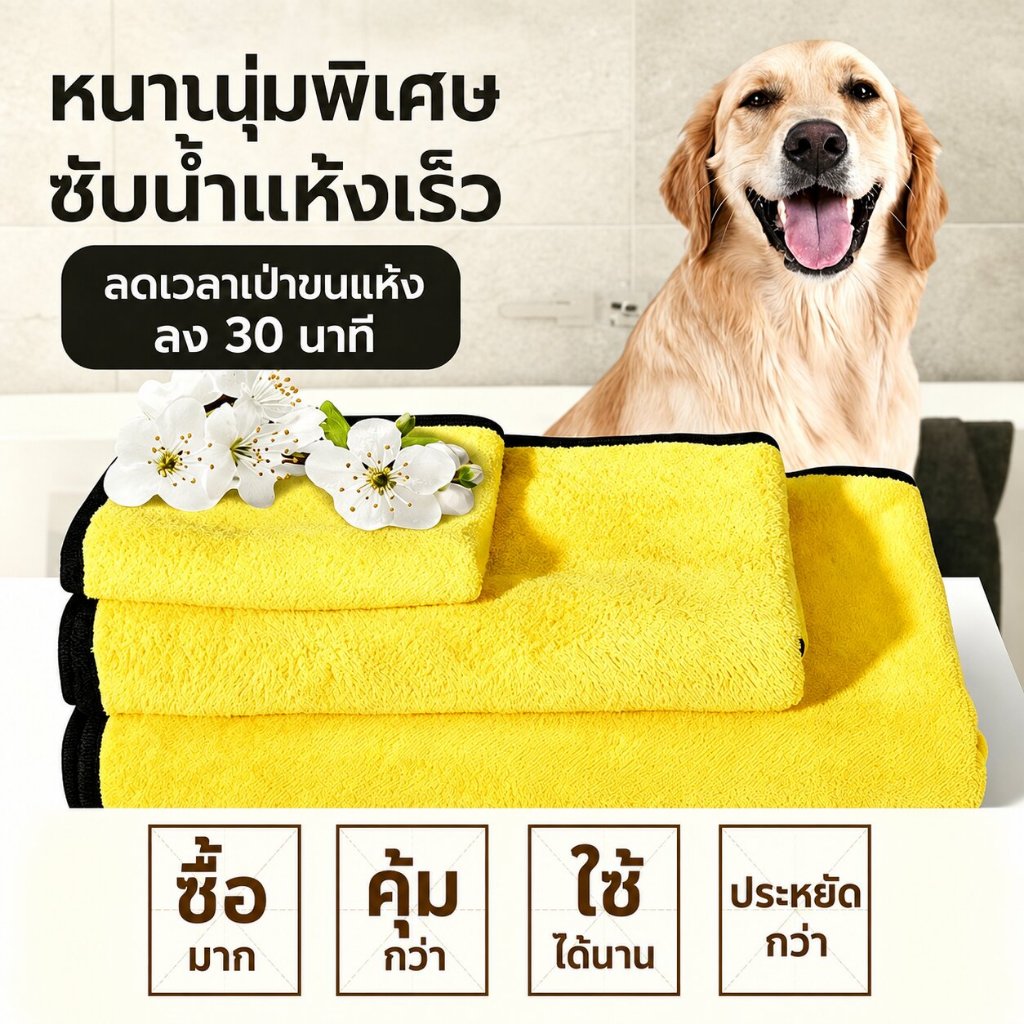 【ผ้าเช็ดตัวสัตว์ดูดน้ำสูง】ผ้าเช็ดตัวหมาแมวขนาดใหญ่หนา ไมโครไฟเบอร์แห้งเร็ว ไม่หลุดขน ผ้าเช็ดตัวสัตว์ซักได้ทนทานแห้งเร็ว ลดเวลาเป่าผมแห้ง