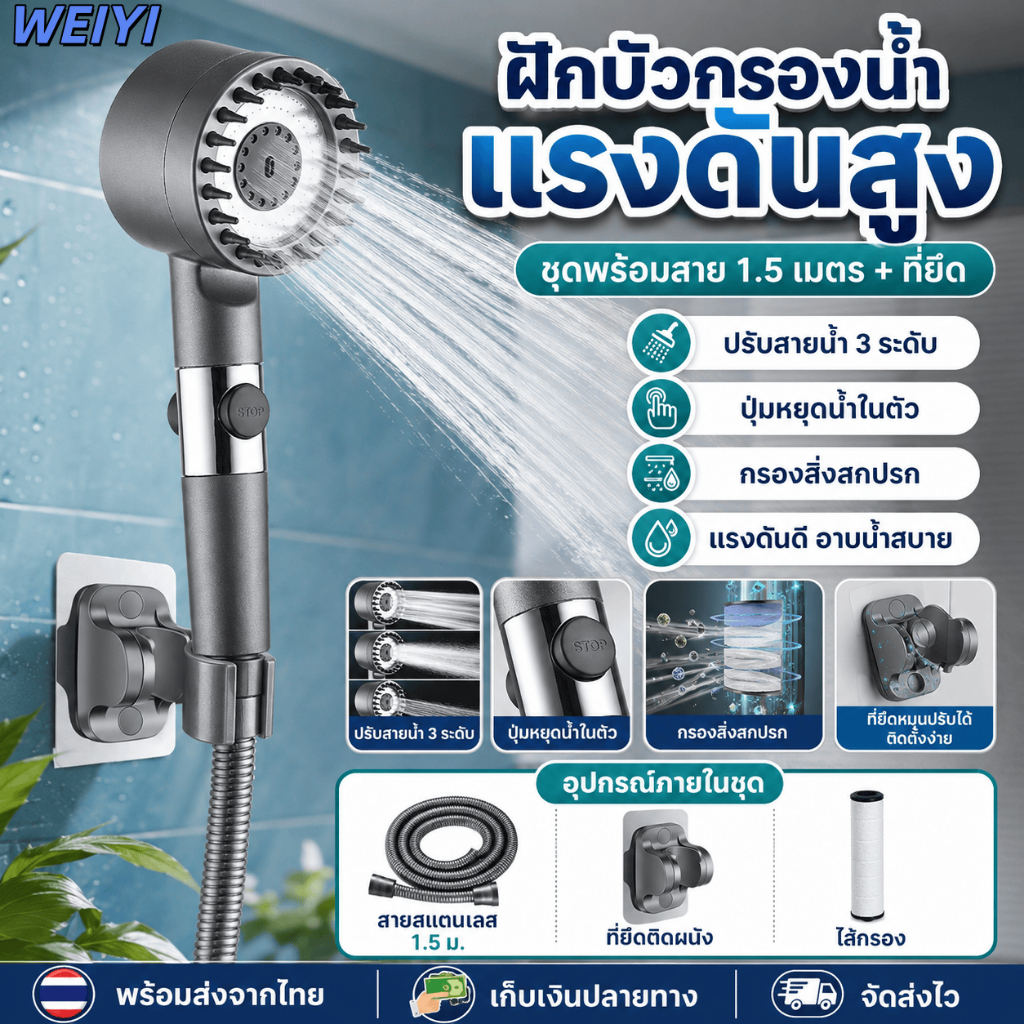 [WEIYI] หัวฝักบัวกรองน้ําแรงดันสูงปรับแรงดันน้ําสามขั้นตอนพร้อมปุ่มหยุดน้ําติดตั้งท่อน้ําติดผนัง 1.5 ม. กรองสิ่งสกปรก
