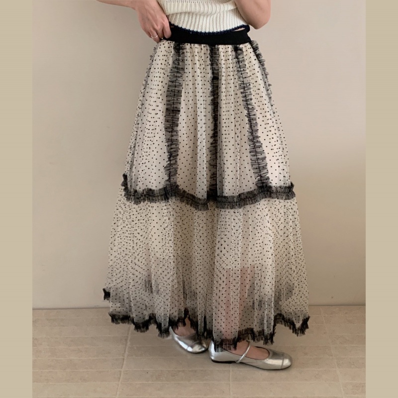 Qooth Polka Dot เอวสูง A-Line กระโปรง Organza พิมพ์ Patchwork Midi กระโปรงครึ่งกระโปรงสําหรับผู้หญิง QT2604 — صورة 3
