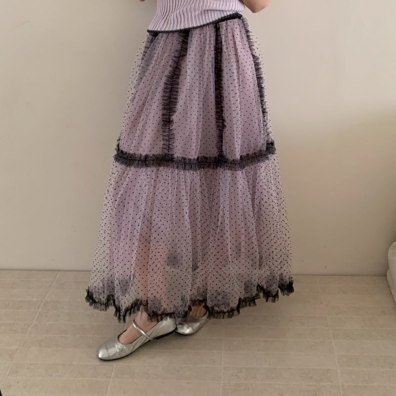Qooth Polka Dot เอวสูง A-Line กระโปรง Organza พิมพ์ Patchwork Midi กระโปรงครึ่งกระโปรงสําหรับผู้หญิง QT2604 — صورة 4