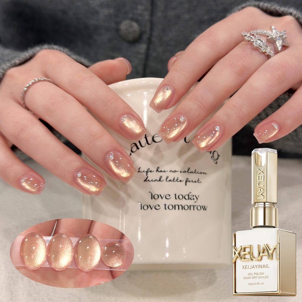 XEIJAYI 15ml-Warm Color Peach Gold Cats Eye Gel ยาทาเล็บ, ส่องแสงยาวนาน, เหมาะสําหรับร้านทําเล็บ