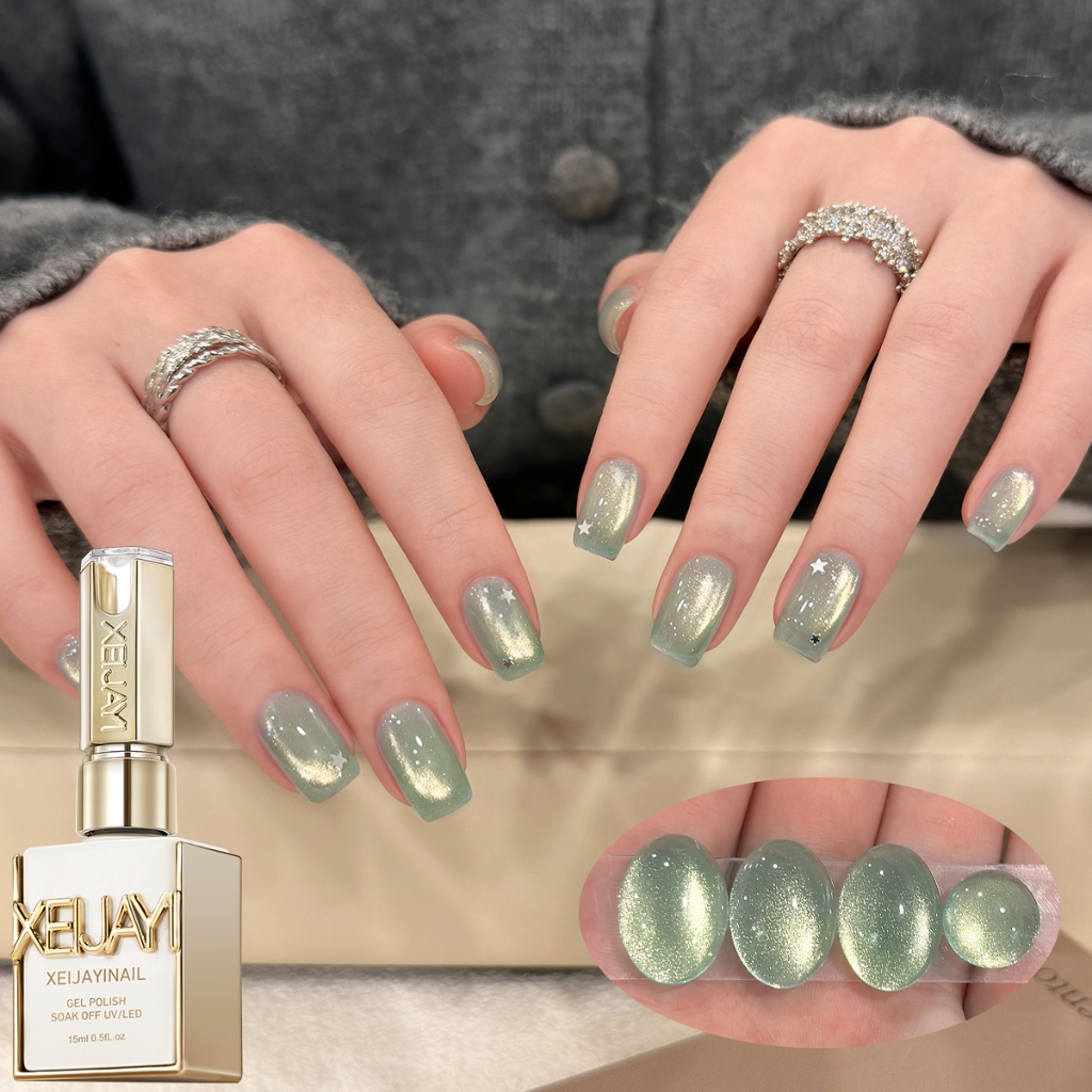 XEIJAYI 15ml-รูปแบบใหม่ Mint Light Green Cats Eye Gel ยาทาเล็บ, ความมันวาวยาวนาน, เหมาะสําหรับ DIY