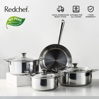Redchef 6/7 Piece Stainless Steel Cookware Set is PFAS PTFE and PFOA free suitable for all stovetops cooking pots and frying pans