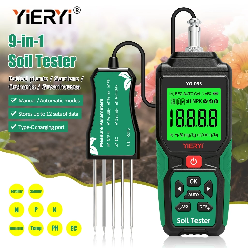 YIERYI เครื่องทดสอบดิน 9-in-1: NPK/pH/EC/ความเค็ม/มีบุตรยาก/อุณหภูมิและความชื้น; โพรบที่ถอดออกได้; การจัดเก็บข้อมูล; เครื่องทดสอบดินวัฒนธรรมและการเกษตร