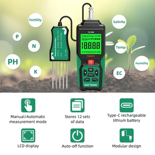 YIERYI เครื่องทดสอบดิน 9-in-1: NPK/pH/EC/ความเค็ม/มีบุตรยาก/อุณหภูมิและความชื้น; โพรบที่ถอดออกได้; การจัดเก็บข้อมูล; เครื่องทดสอบดินวัฒนธรรมและการเกษตร