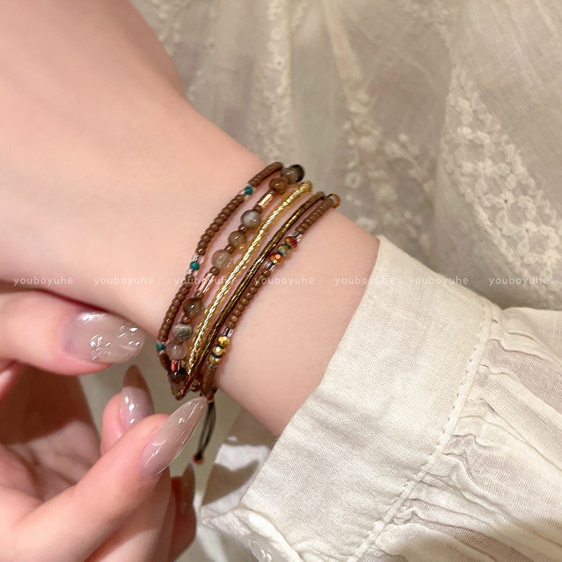 สร้อยข้อมือหลายเส้นแบบชาติพันธุ์และลูกแก้ว สไตล์โบฮีเมียนสำหรับผู้หญิง