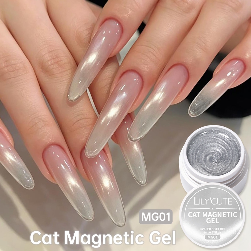 LILYCUTE สีชมพูสีขาวลูกปัดแก้วแมวตาแม่เหล็กเจลเล็บ Moonlight Jelly คริสตัลกึ่งถาวร Soak Off เจลเล็บ 8ml