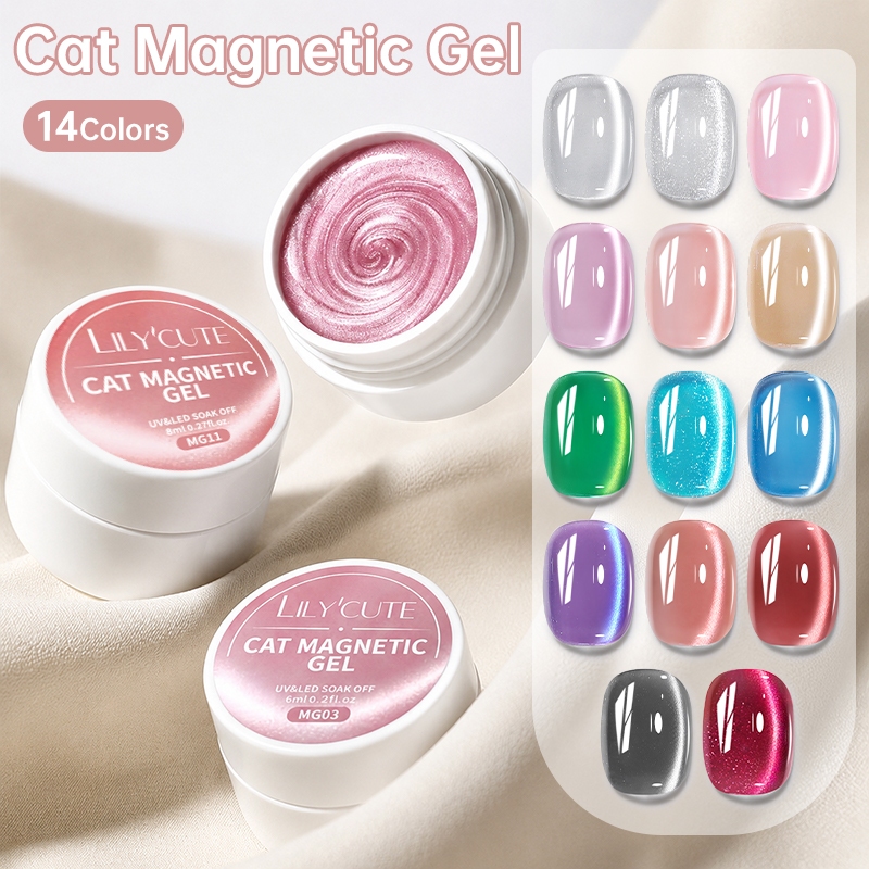LILYCUTE 8ml สีชมพูสีขาวลูกปัดแก้ว Cat Eyes เล็บเจล Polish Gel Moonlight Jelly คริสตัลแม่เหล็กเจล Polish Soak Off UV LED กึ่งถาวรเล็บ