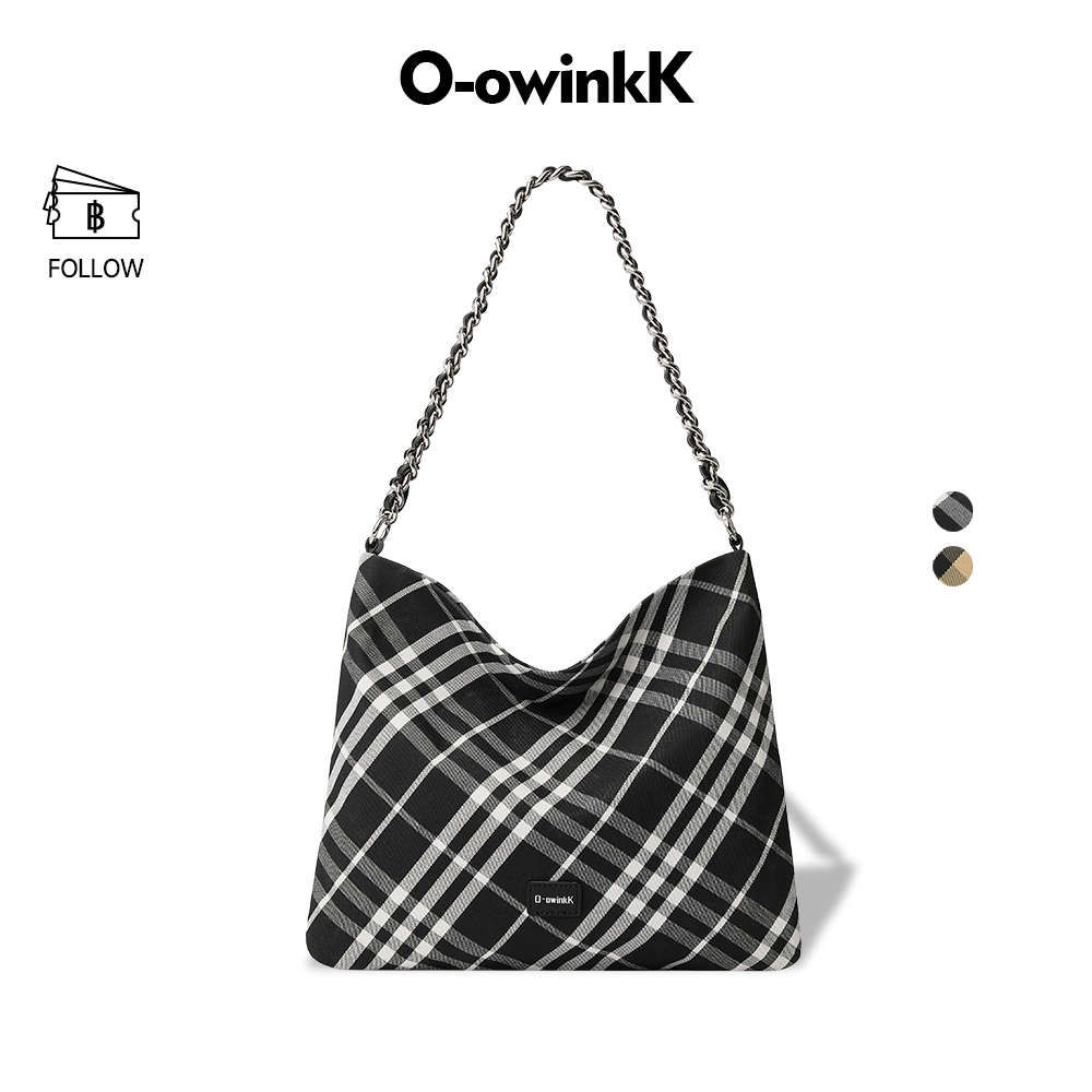 O-owinkK Grid Bag กระเป๋าสะพายไหล่ผู้หญิง สายโซ่โลหะ ความจุใหญ่ วัสดุแข็งแรง สไตล์มินิมอล