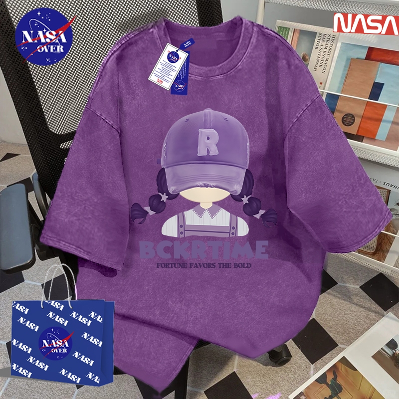 【ของพร้อมส่ง ส่งใน 24 ชั่วโมง】🔥NASA 100%Cotton ฤดูร้อน แขนสั้น สตรีท ลายเด็กผู้หญิง👧oversize สีฟอกม่วง คอกลม เสื้อYG2937