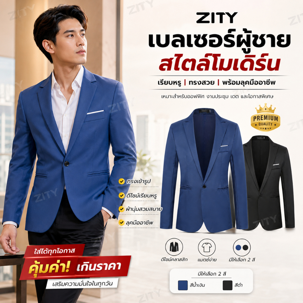 ZITY เสื้อเบลเซอร์ผู้ชาย แบบสลิมฟิต สำหรับใส่ทำงาน งานแต่งงาน และใส่แบบทางการ