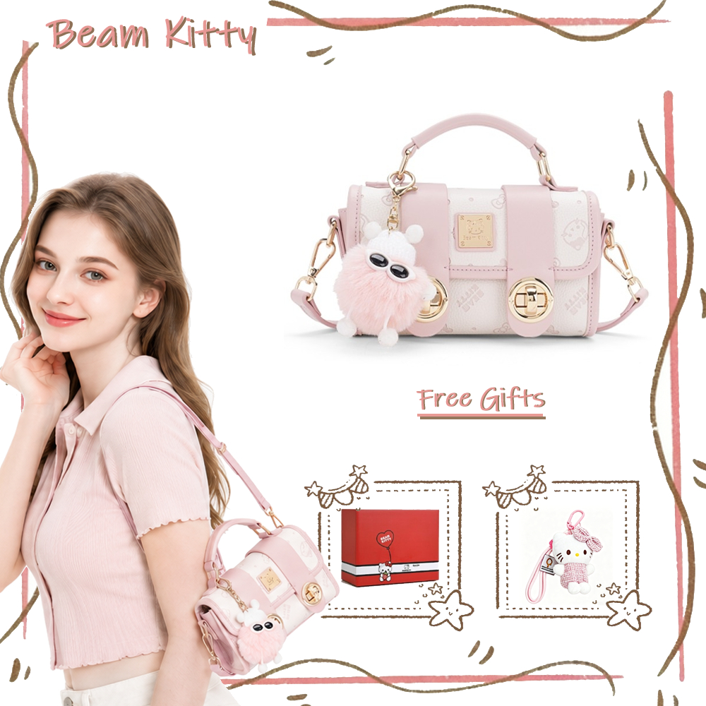 Beam Kitty กระเป๋า ผู้สื่อสาร นูนสีชมพูพร้อมอุปกรณ์โลหะสีทองเหมาะสําหรับพร็อพทุกวันจี้ตุ๊กตาฟรี