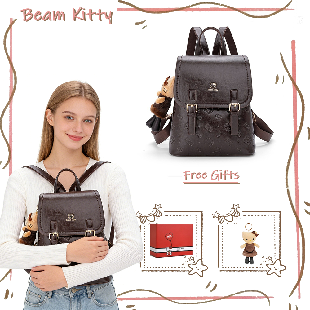 Beam Kitty กระเป๋าเป้สะพายหลังสีน้ําตาลวินเทจ ลายแมวเต็มใบ ดีไซน์สายคู่ กระเป๋าออกเดินทางความจุปานกลาง