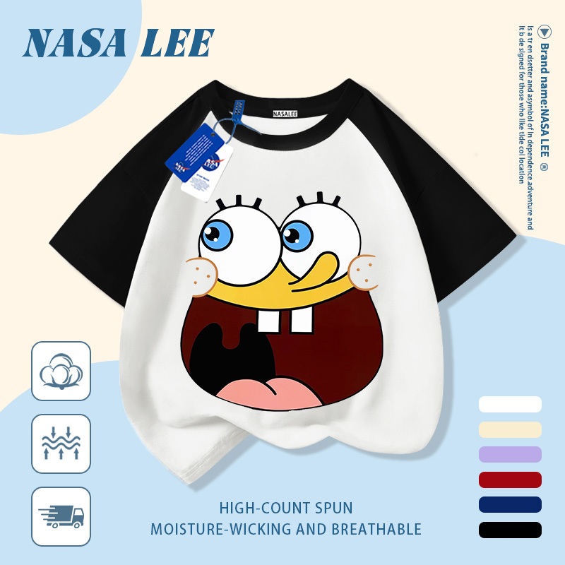 [จัดส่งในวันเดียวกัน] เด็กสีดําสีขาว แร็กแลน ผ้าฝ้ายแท้เสื้อยืดระบายอากาศการ์ตูนน่ารักหน้ากลมอินเทรนด์พิมพ์ 3-16 ปีชายหญิงลําลองแขนสั