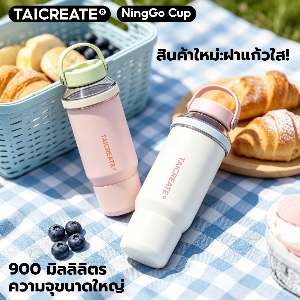 TaiCreate® แก้วเก็บความเย็น 900ml NingGoCup สแตนเลส316Lเคลือบเซรามิก หูจับพกพา 24hเก็บความเย็น แผ่นรองแก้วซิลิโคนฟรี