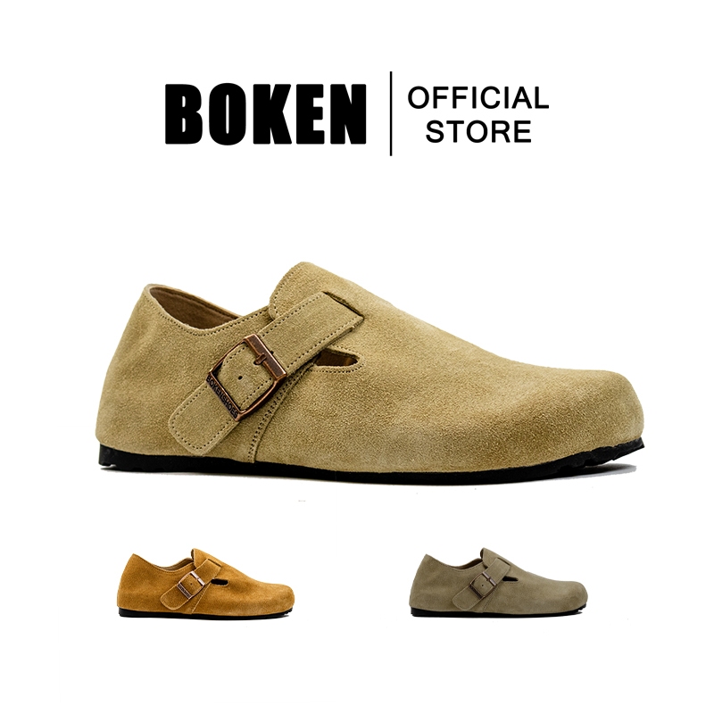 BOKEN รองเท้า Casual รองเท้าไม่มีส้นสําหรับผู้หญิงผู้ชายพรีเมี่ยมหนังแท้ปิด Toe Slip บนแฟลตสบาย Cork Footwear