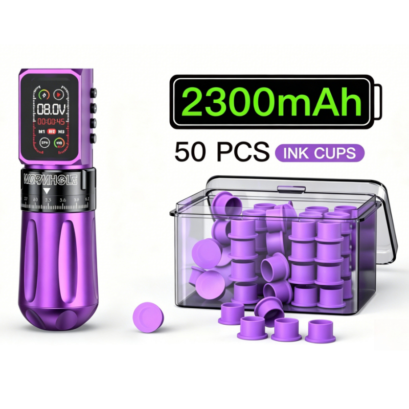 เครื่องสักปากกาไร้สาย 2300มะห์ (พร้อมชุดถ้วยหมึก) | เครื่องสัก Wormhole | 2.4-4.2 มม. จังหวะปรับได้ 