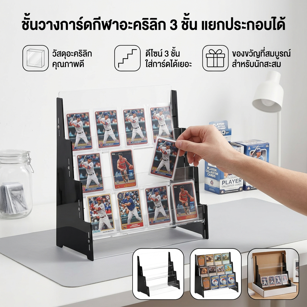 🚚🚚24h จัดส่งจากกรุงเทพ 🚚🚚ชั้นเก็บการ์ดเบสบอล,อะคริลิคที่ถอดออกได้กีฬาการ์ดจัดระเบียบกล่อง,คอลเลกชัน Rack ขนาดกะทัดรัด 3 ชั้นการ์ดจอแสดงผลขาตั้ง