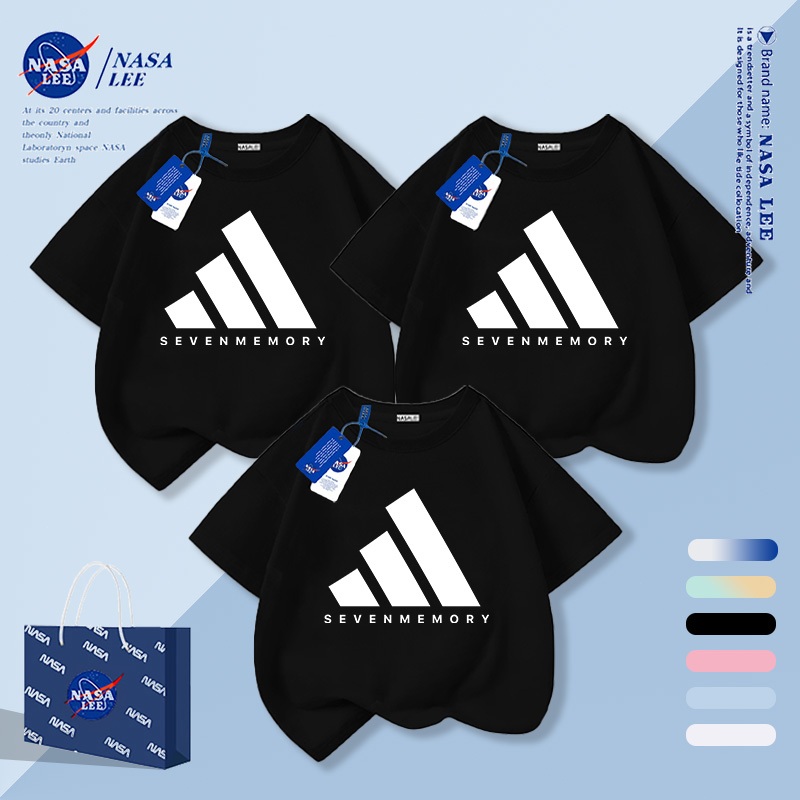 [กรุงเทพฯ จัดส่งภายในวันเดียว] นาซ่า ผ้าฝ้ายสีดําเสื้อยืดระบายอากาศแบรนด์ที่มีชื่อเสียงรูปแบบพ่อแม่และลูกสวมใส่หลวมสบายๆครอบครัวสาม