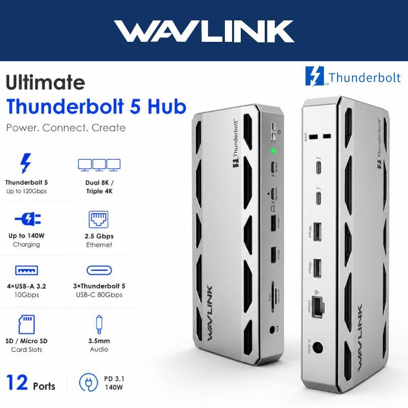 WAVLINK Thunderbolt 5 Docking Station 80Gbps 140W PD 3x 4K@144Hz 2x 8K@60Hz 10G USB-A 2.5G Ethernet 