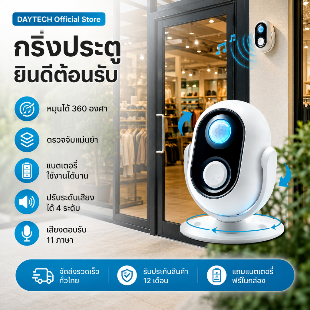 Daytech ออด ติดตั้งง่าย ออดไร้สาย wireless Doorbell ซุปเปอร์มาร์เก็ต/สำนักงาน/รปภ เสียงดัง HW06