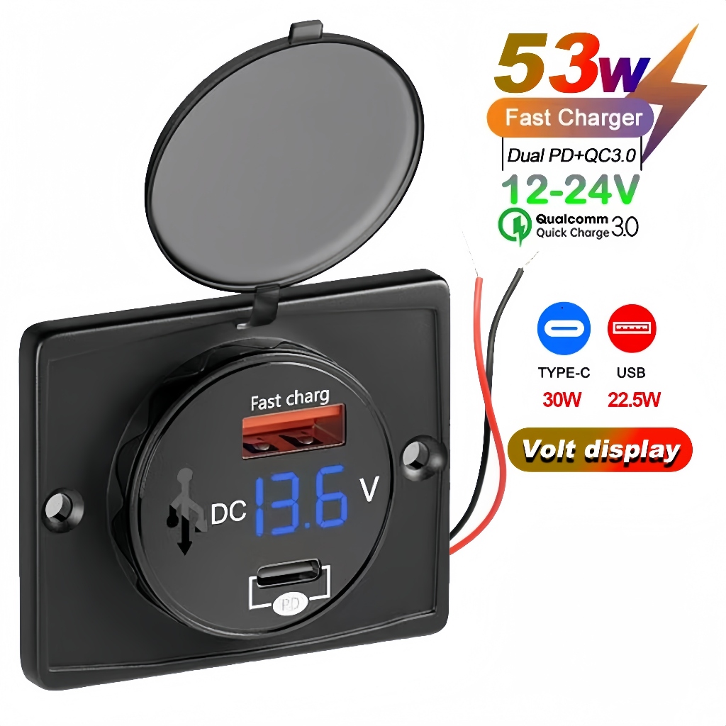 ประเทศไทยการจัดส่ง 12V/24V พร้อมหน้าจอแรงดันไฟฟ้าเครื่องชาร์จในรถยนต์กันน้ํา 53W QC3.0 PD 4 พอร์ตเหมาะสําหรับรถเรือรถบรรทุก RV SUV