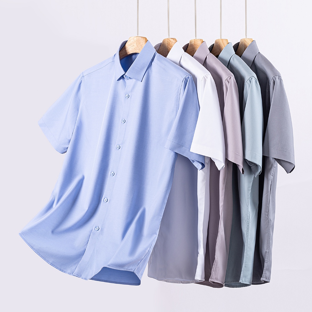 เสื้อเชิ้ตแขนสั้นผ้าไหม Modal สําหรับผู้ชายสไตล์ใหม่ฤดูร้อนน้ําหนักเบารุ่นมาตรฐานสีทึบแฟชั่นพร็อพธุรกิจต้องมีเสื้อ, Non-Iron Skin-Friendly ผู้ชายขนาดใหญ่ 49 ขนาดสั้น