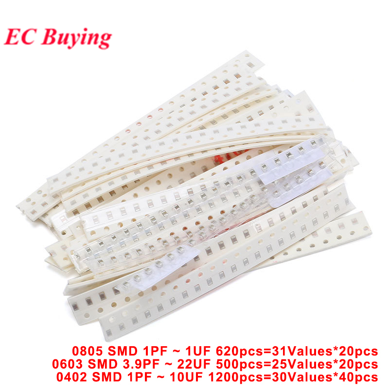 500pcs-1200pcs SMD Capacitor Assortment Kit 0402 0603 0805 1pF-22uF Multivalue เซรามิคตัวเก็บประจุชุ