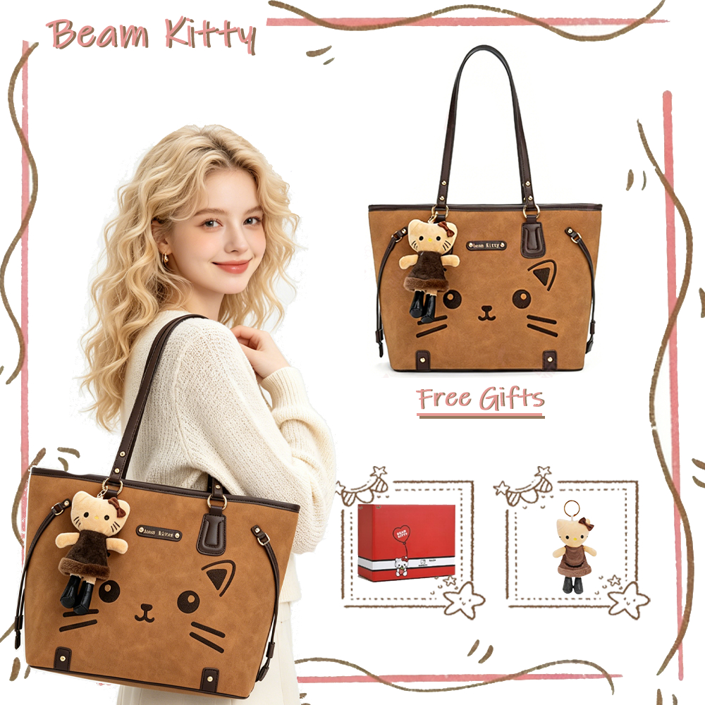 Beam Kitty 2026 สไตล์ใหม่น่ารักตลก Facebook ความจุขนาดใหญ่ Tote Bag Retro Warm Brown กระเป๋าสะพายฟรีเครื่องประดับ