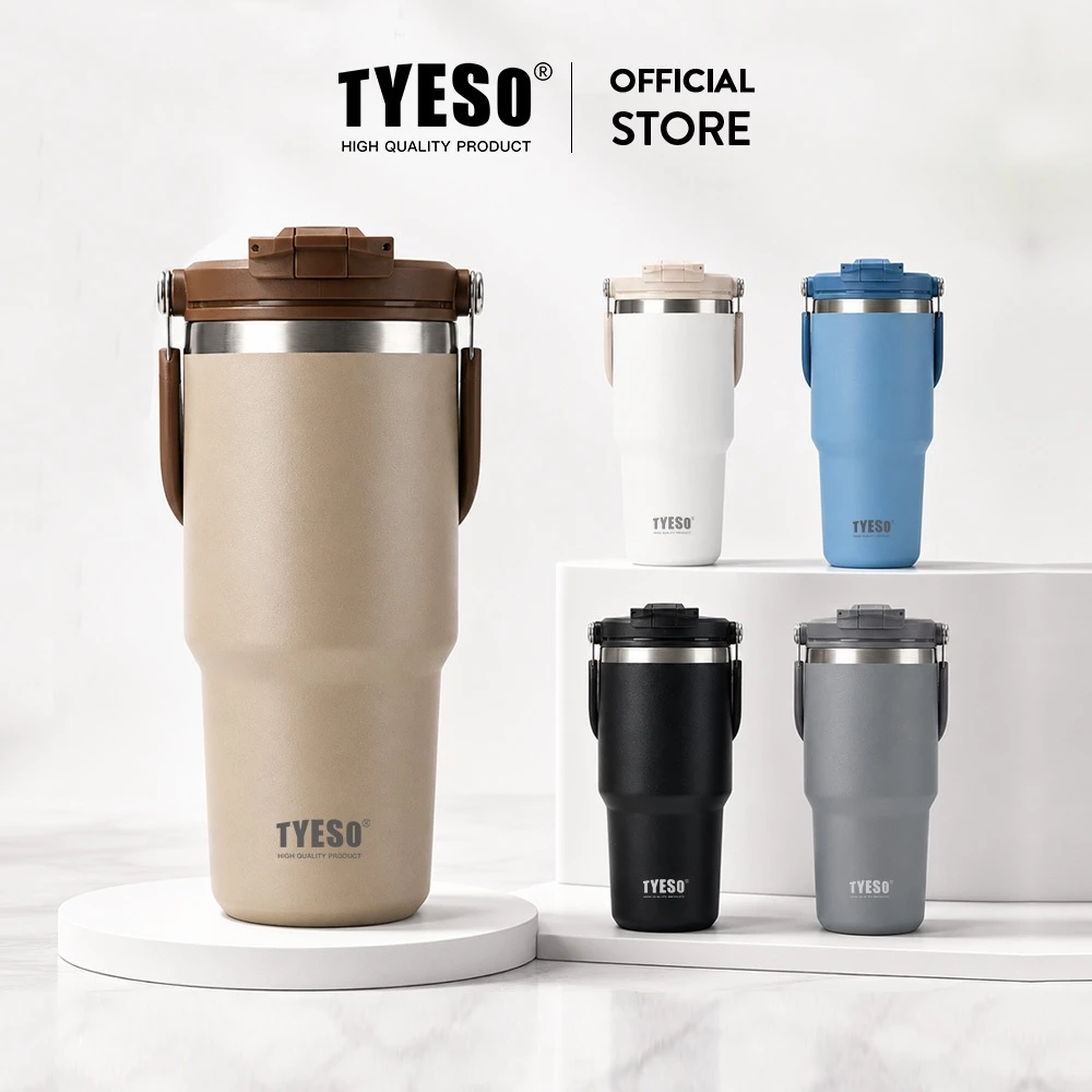 TYESO 01-01022/23/24/25/26 600ML/750MTumbler พร้อมที่จับ,ขวดน้ําฉนวนสุญญากาศพร้อมฝาปิด 2-in-1 และฟาง,ถ้วยกาแฟสแตนเลสผนังคู่แก้วเดินทางป้องกันการรั่วพลิก