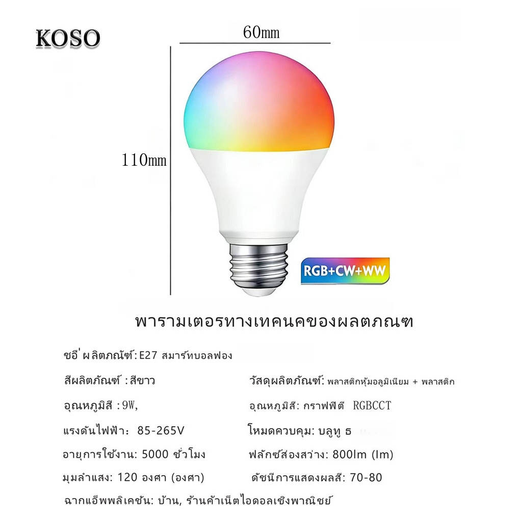 2026 E27 หลอดไฟ LED RGB CCT เอฟเฟกต์แสง ไฟตกแต่งห้อง บลูทูธ โทรศัพท์มือถือ รีโมทคอนโทรล