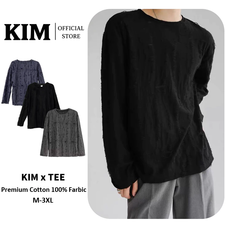 Distressed Textured Long Tee เสื้อยาวแขนยาวผู้ชายผ้าลายรอยฉีกทรงโอเวอร์ไซซ์ ผ้านุ่มระบายอากาศ มี3สี ดำ/เทา/น้ำเงิน Size M-3XL