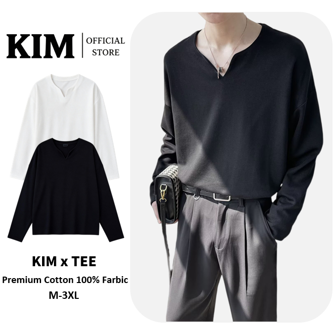 เสื้อยืดแขนยาว คอวี ทรงหลวม สีพื้น เข้ากับทุกการแต่งกาย แฟชั่นฤดูใบไม้ผลิ และฤดูร้อน สไตล์เกาหลี สําหรับผู้ชาย