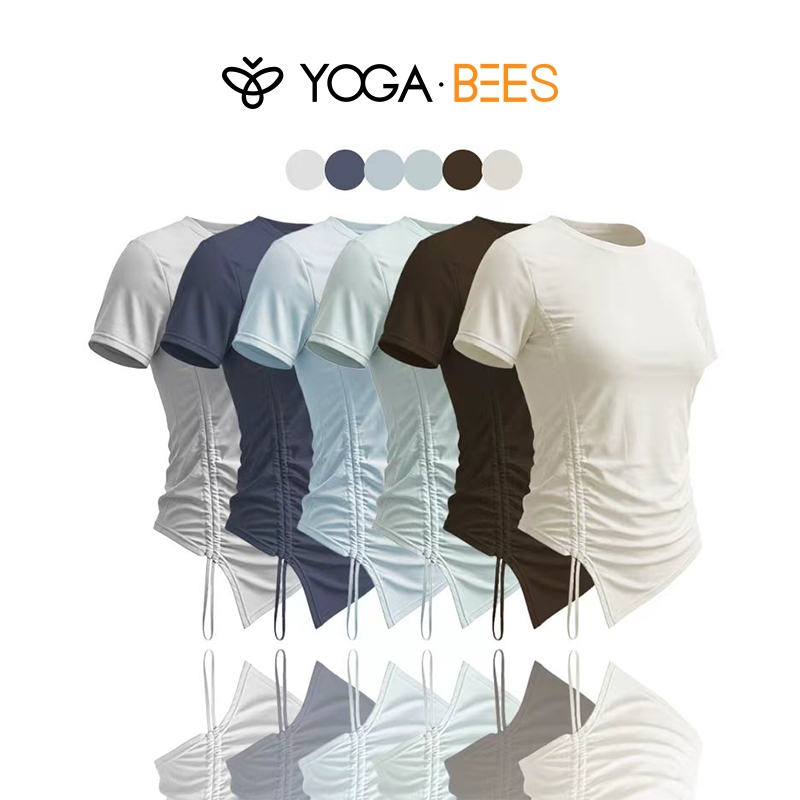 โยคะ BEES ด้านข้าง Ruched Drawstring แขนสั้นโยคะผู้หญิง Slim Fit ไม่สม่ําเสมอ Hem ลูกเรือคอ Quick Dry ออกกําลังกายเสื้อยืดลําลองกีฬา Tee 6 สี