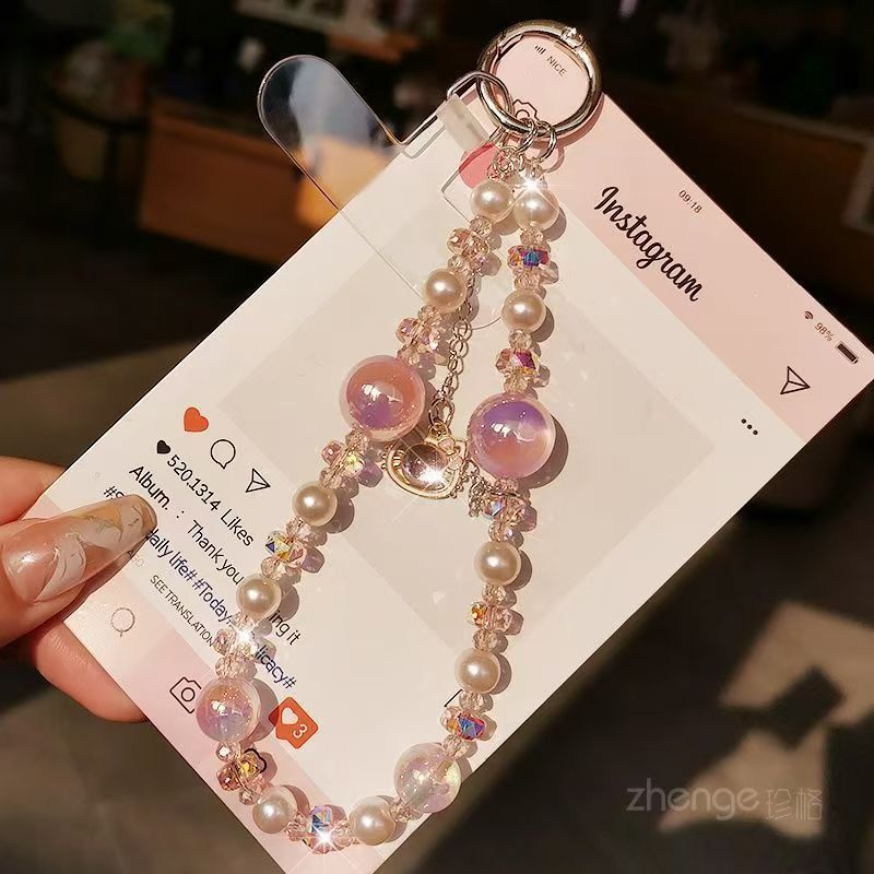 ดาวดวงจันทร์มุกคริสตัลโทรศัพท์มือถือเสน่ห์กับคลิปโปร่งใสสไตล์เกาหลีเงาลูกปัดเชือกเส้นเล็กน่ารักจี้โซ่ข้อมือสั้นกระเป๋ากุญแจแหวนสาวของขวัญ