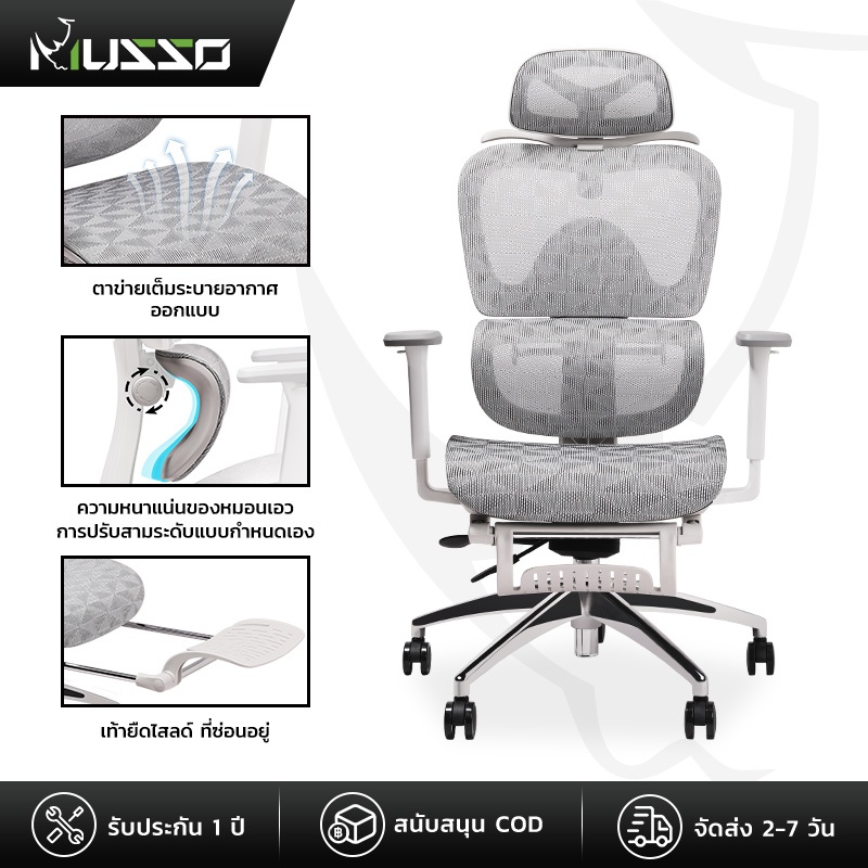 MUSSO  มีที่วางเท้า ปรับ 3 มิติ | รองรับเอวแบบสปริง พนักพิงศีรษะและที่วางแขนปรับได้ ปกป้องกระดูกสันหลัง ปรับเอนได้ นั่งสบาย E600 PROเก้าอี้เพื่อสุขภาพ Ergonomic เก้าอี้เกมมิ่ง/สำนักงาน เก้าอี้สุขภาพ เก้าอี้ออฟฟิศ