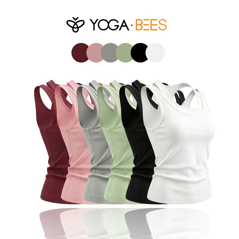 โยคะ BEES ผู้หญิง Ribbed Double-Strap เสื้อกล้ามโยคะกีฬา Bra ไร้สายไม่มีรอยต่อฟิตเนส Casual Camisole 6 สี