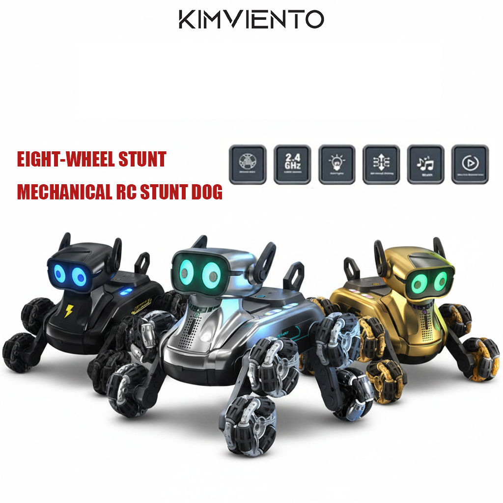 KIMVIENTO หุ่นยนต์สุนัขอัจฉริยะ หุ่นยนต์ควบคุมระยะไกล หุ่นยนต์อัจฉริยะสำหรับเด็ก สุนัขกลผาดโผนแปดล้อของขวัญคริสต์มาส