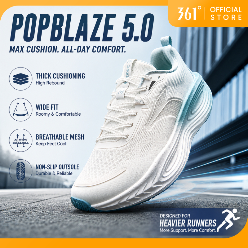 361 Degrees Popblaze 5.0 รองเท้าวิ่งผู้ชาย หน้ากว้าง รองเท้าผ้าใบหนานุ่ม กันกระแทก สำหรับคนน้ำหนักเยอะ 672532212