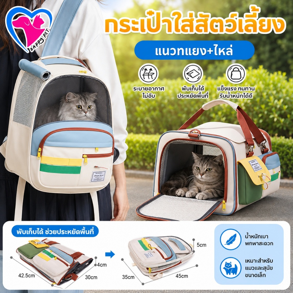 Happy Pet พับเก็บได้ กระเป๋าสัตว์เลี้ยง สองสไตล์ แนวทแยง+ไหล่ กระเป๋าเป้สะพายหลังสัตว์เลี้ยง กระเป๋าสะพายแมว ระบายอากาศได้