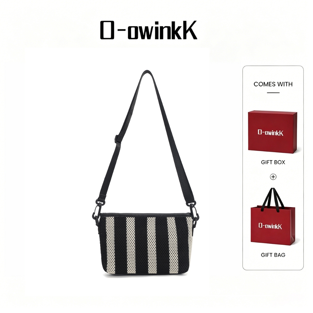 O-owinkK กระเป๋าถักลายฉลุ สะพายข้าง ลายทางสีตัด คลาสสิก ใส่ไปเที่ยวชายหาด