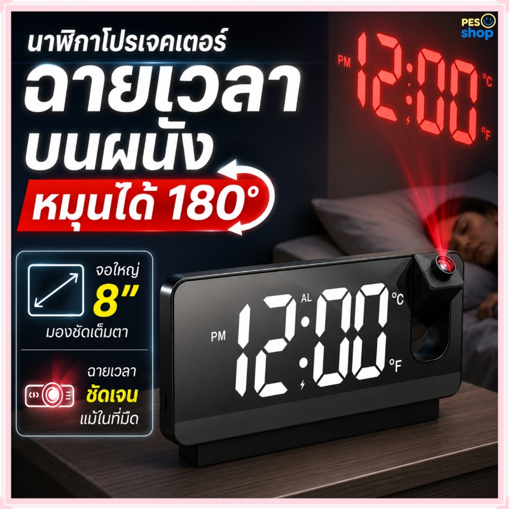 นาฬิกาปลุกดิจิตอล LED มัลติฟังก์ชั่นขนาด 8 นิ้ว, รุ่นเดสก์ท็อปหน้าจอขนาดใหญ่, เดินเวลาเงียบ, ชาร์จใหม่ได้, รองรับฟังก์ชั่นเวลาฉาย