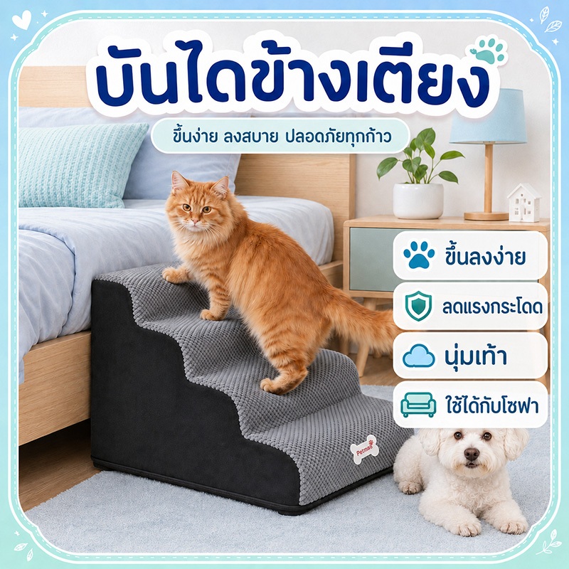 พร้อมส่ง บันไดสัตว์เลี้ยง รุ่นแบบนุ่ม บันไดสุนัข กันลื่น ขั้นฟองน้ำ บันไดปีนเตียงแบบถอดซักได้