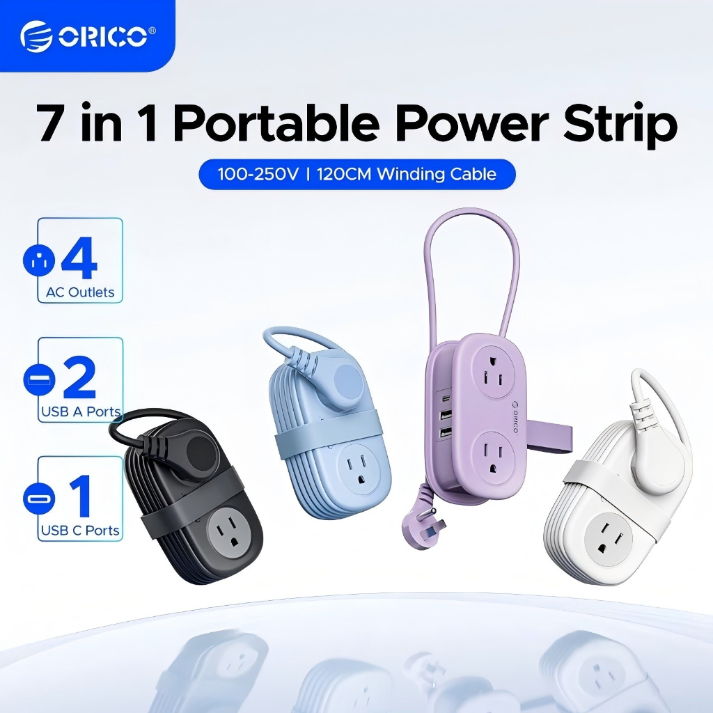 ORICO 7-in-1 Travel Power Strip: 4 AC Outlets, USB-C, 1.25m Wrap Cord, 2500W แบบพกพาปลั๊กแบนสายไฟ 5 ป้องกันความปลอดภัย