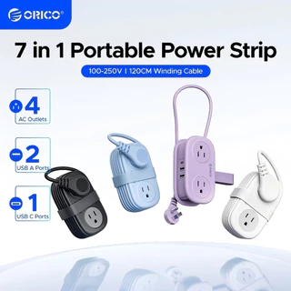 ORICO 7-in-1 Travel Power Strip: 4 AC Outlets, USB-C, 1.25m Wrap Cord, 2500W แบบพกพาปลั๊กแบนสายไฟ 5 ป้องกันความปลอดภัย