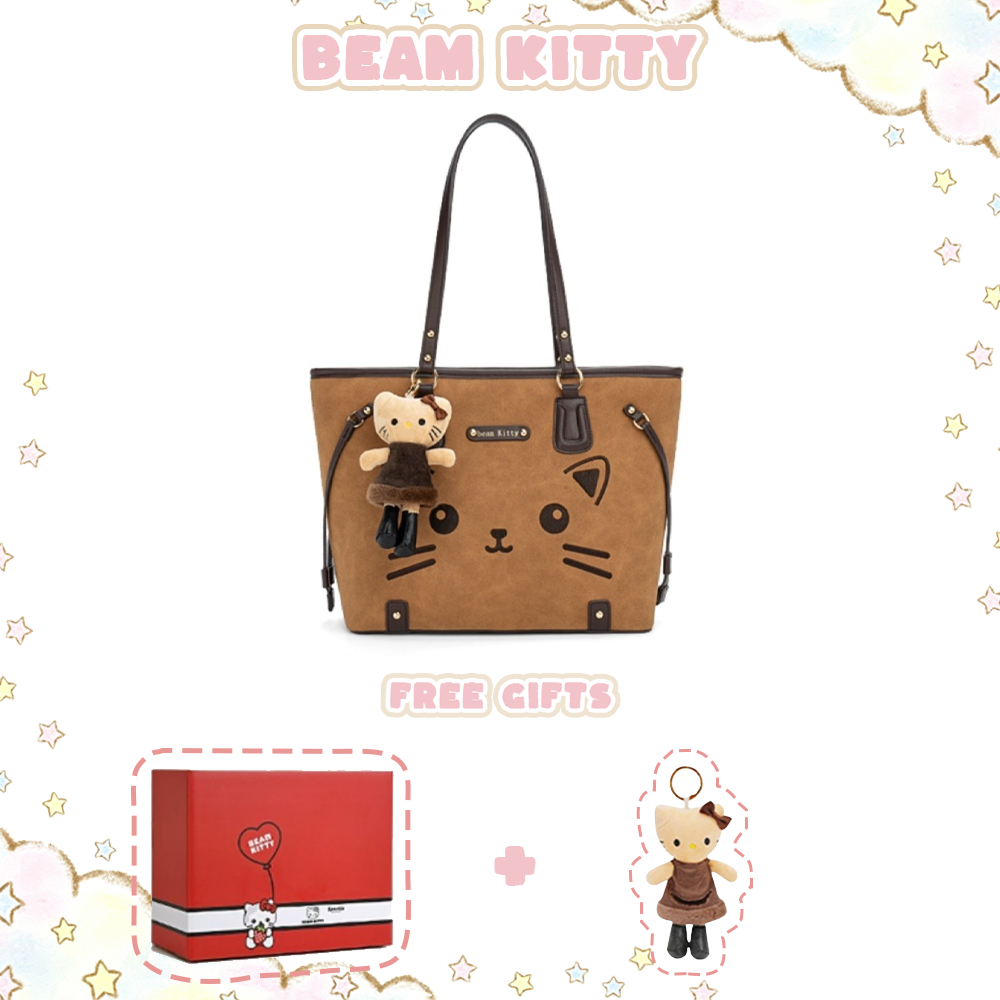 Beam Kitty กระเป๋าหนังนิ่มสีน้ําตาลอ่อนพิมพ์ลายการ์ตูนแมวจับคู่พวงกุญแจรูปแมวเหมาะสําหรับพร็อพทุกวัน