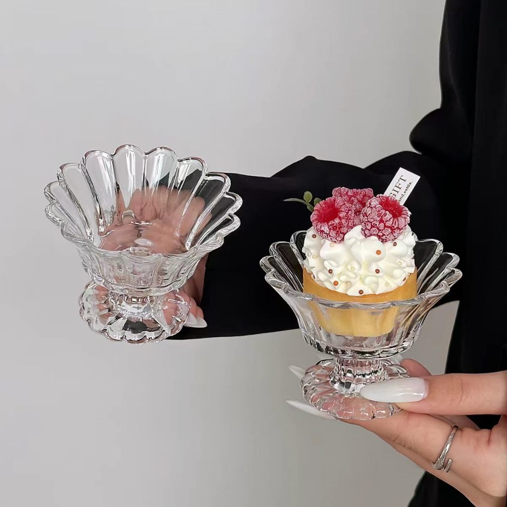 Vintage Lace-Emossed Glass Dessert Cups80ml ไอศกรีม, พุดดิ้ง & Fruit Cup, ชุด 2 ชิ้น