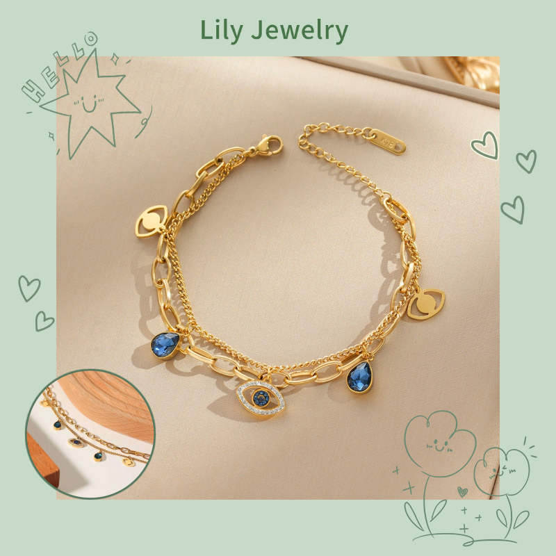 18K Gold-Plated ไทเทเนียมเหล็ก Devils Eye สร้อยข้อมือหญิง Blue Rhinestone All-Match Non-Fading Hypoallergenic