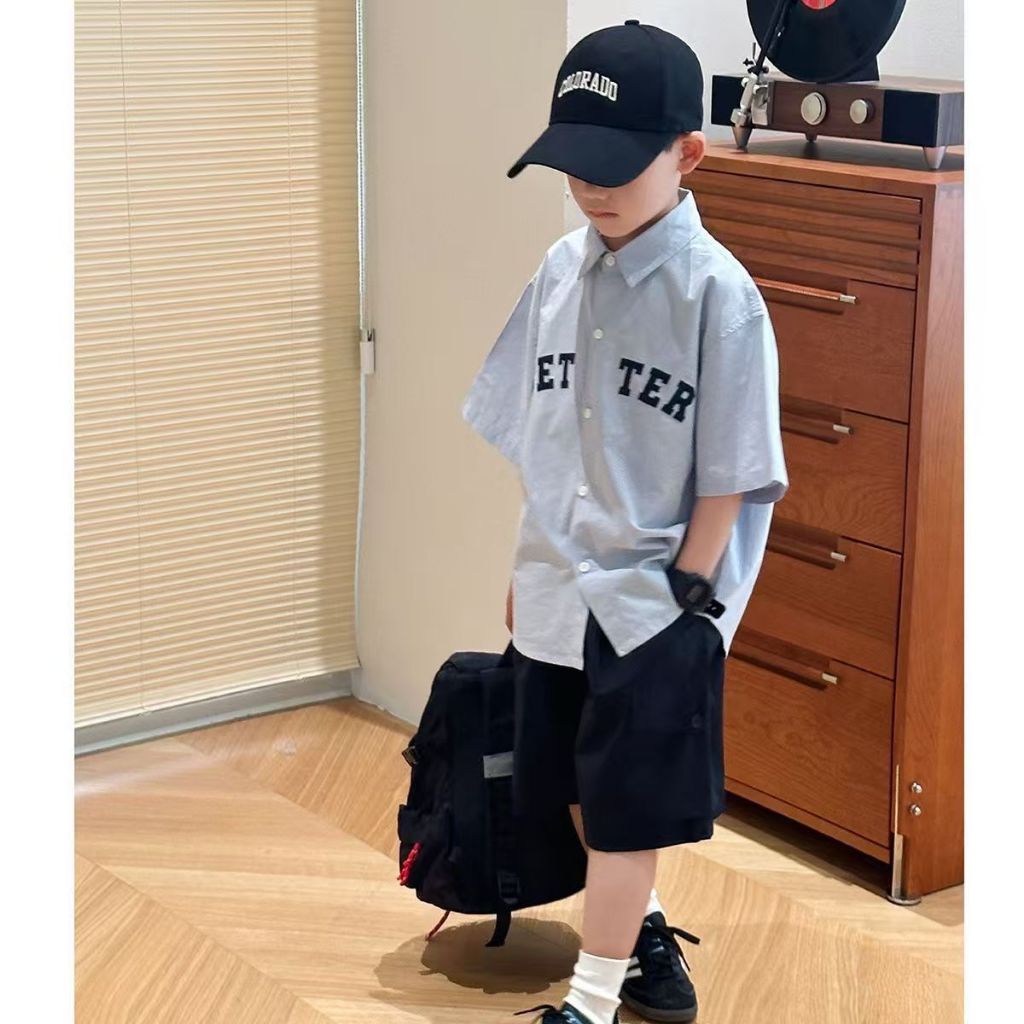 เด็กชายฤดูร้อนแขนสั้นเสื้อผ้าฝ้ายแท้เด็กสีฟ้าสบายๆสไตล์กระโหลกเสื้อกางเกงขาสั้นผ้าฝ้ายบางชุดสองชิ้น