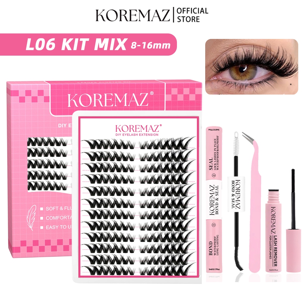 KOREMAZ DIY Cluster Eyelash Extensions ชุดกาวและแหนบลบ,ขนตาปลอมธรรมชาติหนานุ่มReusable Cluster Lashes,หลายสไตล์Lash Kit Bondและซีล